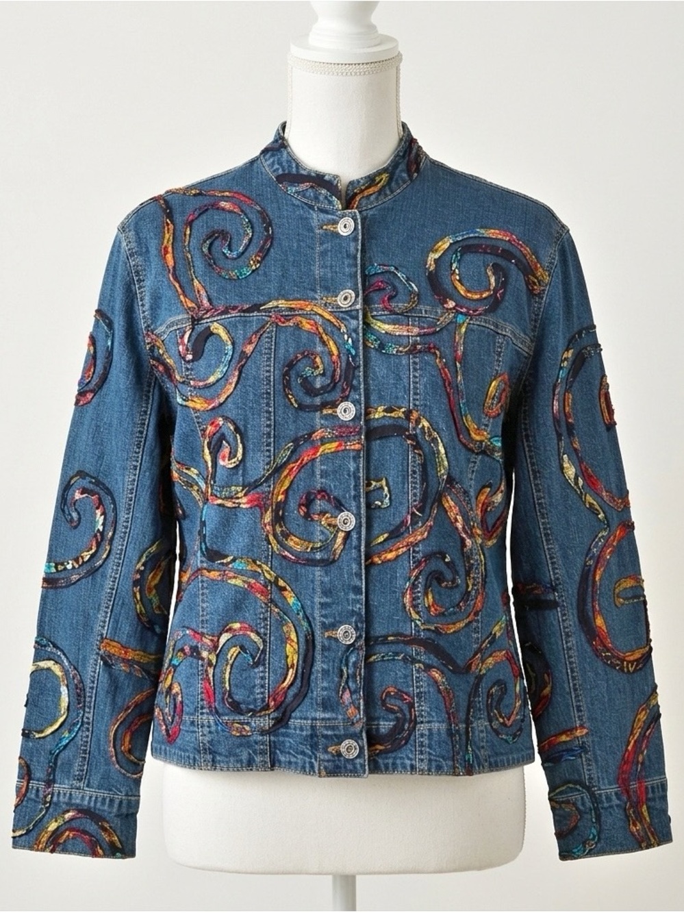 Vintage Chico's Denim Jacket Wearable Art Colorful Swirl Applique Size Medium